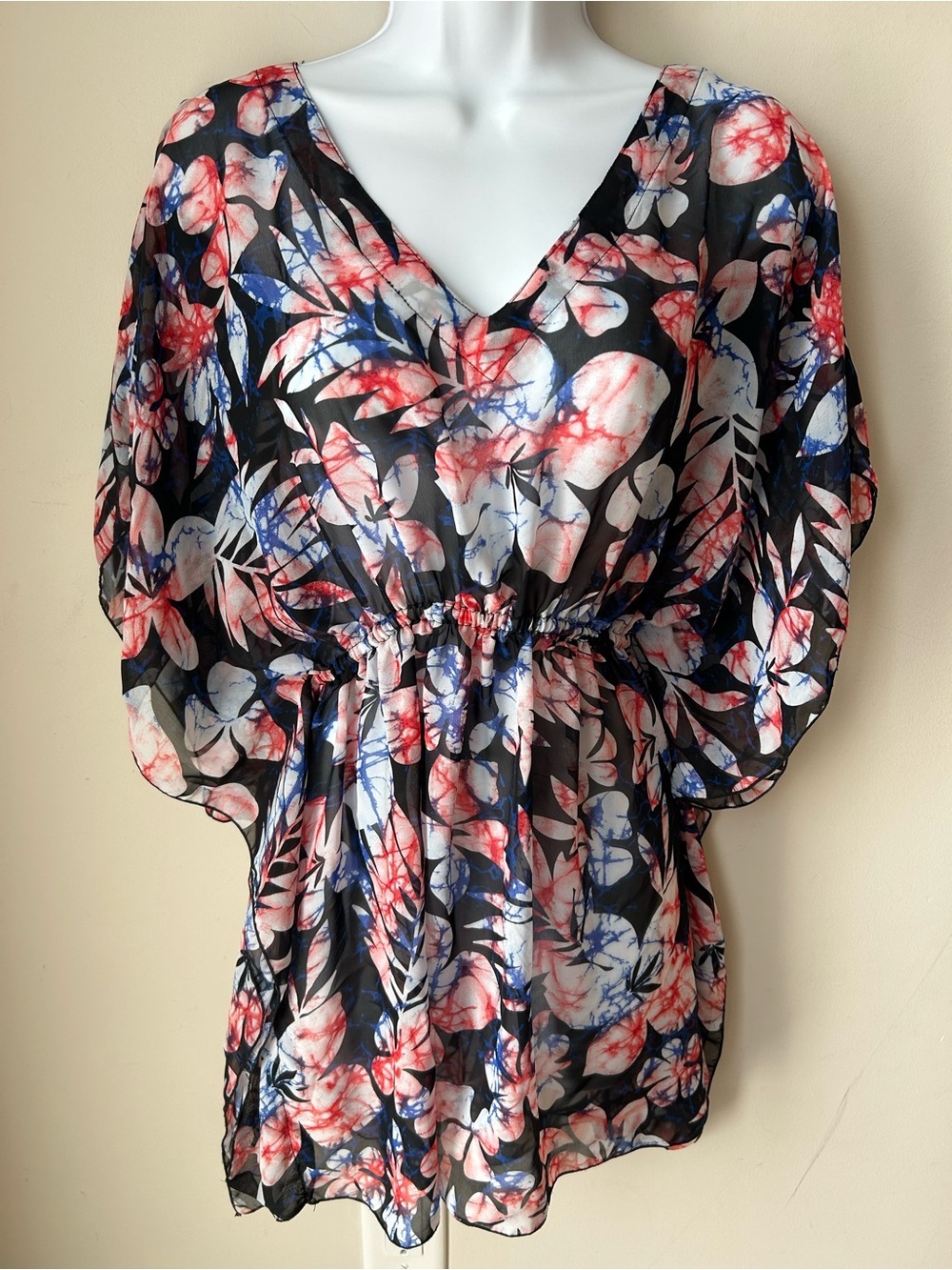 🟢 5 for $25 🟢 Floral Sheer Chiffon V Neck Dolman Sleeve Tunic Resortwear Coverup
